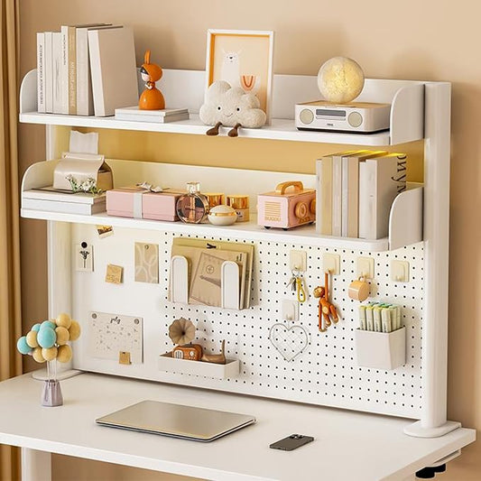 Clamp on Desk Shelf with Pegboard, Black Desktop Bookshelf Organizer Storage Shelves for Home Office Dorm Gaming Desk, Space Saving Tabletop Display Rack Organization (White, 39.3in)