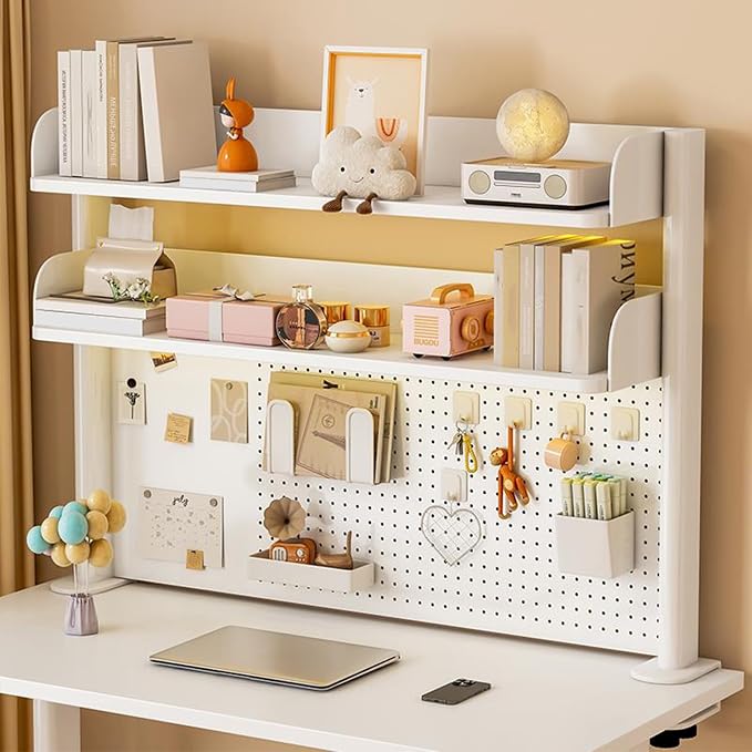 Clamp on Desk Shelf with Pegboard, Black Desktop Bookshelf Organizer Storage Shelves for Home Office Dorm Gaming Desk, Space Saving Tabletop Display Rack Organization (White, 31.4in)