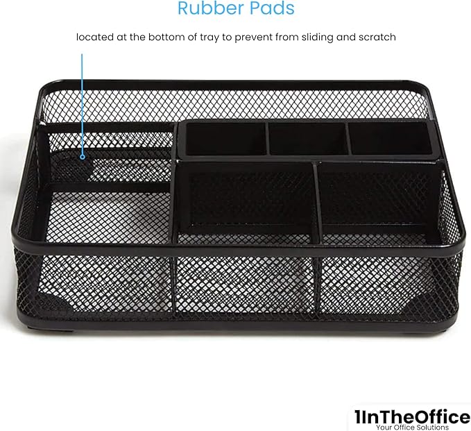 1InTheOffice Mesh Collection Desk Drawer Organizer Tray, 7 Compartment, Matte Black