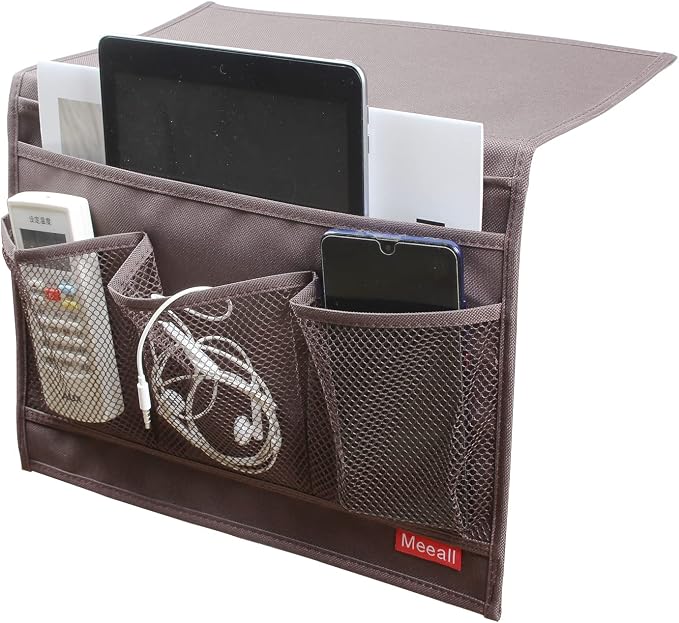 Bedside Storage Organizer with Pockets, Bedside Caddy, Table Cabinet Storage Organizer, TV Remote Control, Phones, Magazines, Tablets, Accessories, Brown