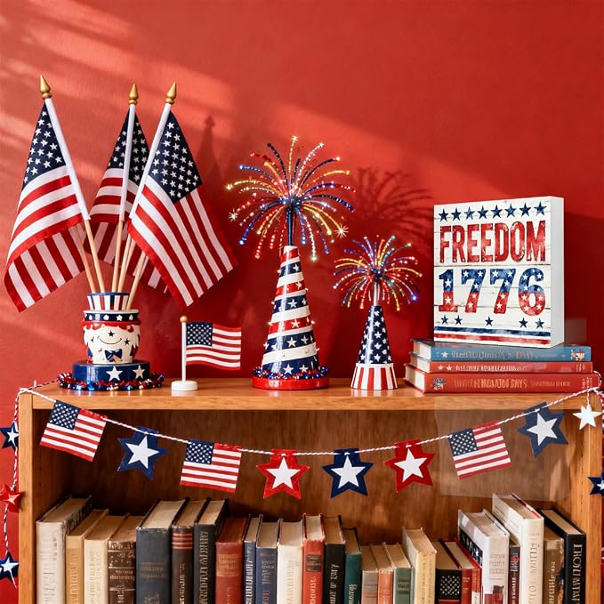 Patriotic Wooden Box Sign,Freedom 1776 4th Of July Signs Home Decor,Independence Memorial Day Block Sign for Desk Shelf Tabletop Decor