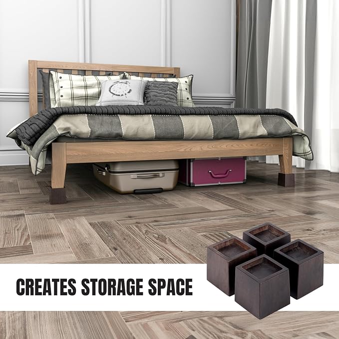 3 Inch Height Heavy Duty Wood Bed Risers – 4 Pack Wood Furniture Risers Extenders for Bed, Sofa&Table, Support Up to 2200lbs, Non-Slip Recessed Hole Furniture Lifts for Storage (Walnut Color)