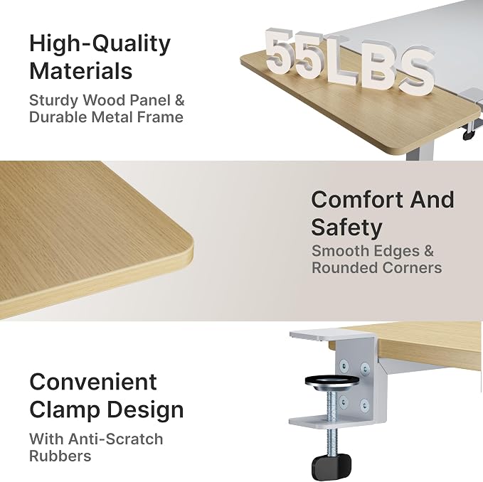 PEGZONE Desk Extender Tray, 28" x 12" Clamp On Desk Shelf, Desk Extension with Laptop Holder, Table Desk Arm Rest, Clamp On Keyboard Tray for Office and Home, Workstation Organizer, Large, Wood