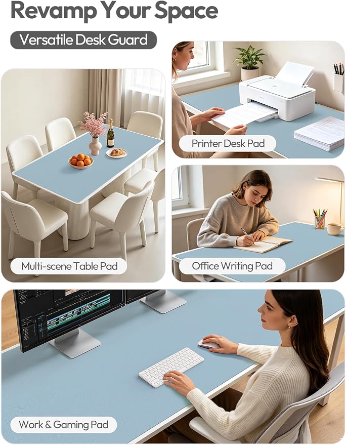 YSAGi Leather Desk Protector, Office Mat, Large Mouse Mat, Non-Slip PU Leather Blotter, Laptop Desk Mat, Waterproof Writing Pad for Office and Home(Ice Blue, 63" x 24")
