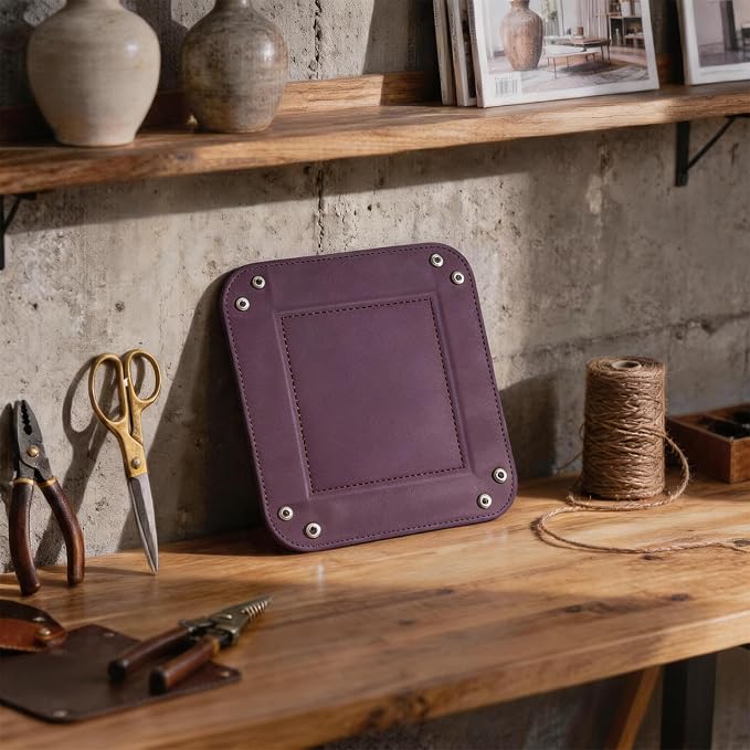 Valet Tray Desktop Storage Organizer – Vegan Leather Catchall Tray Bedside Vanity Tray Nightstand Caddy Holder for Remote Controller, Watch, Keys, Phone, Wallet, Coin, Jewelry, Purple