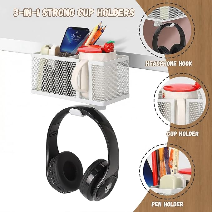 Multi-Function Desk Cup Holder with Headphone Hanger, 3 in 1 Caddy Organizer for Salon Chair, Bedside, Desk or Table - Sturdy Anti-Spill Drink Holder for Water Bottles, Coffee, Bag (White)