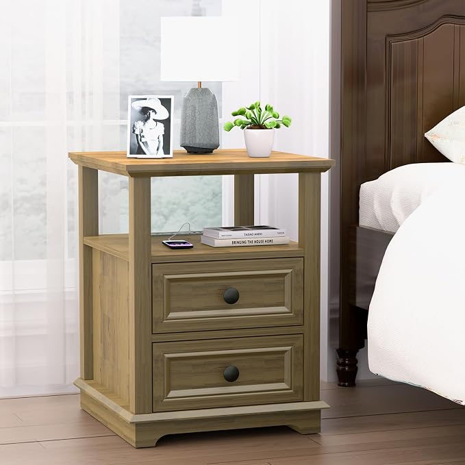 REDAYFUR 18" Wide End Table with Charging Station Set of 2, Fast Charge End Table Set of 2, Large 18” Bedside Table with Drawers, Storage Cabinet with Open Shelf for Bedroom, Natural