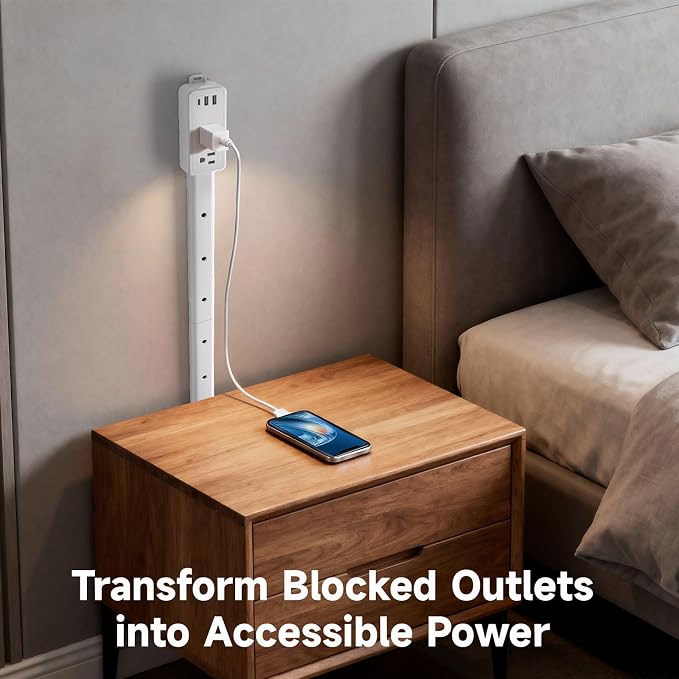 Electrical Outlet Extender Stick -Modular Expandable Wall Outlet Extender with 2 AC Outlets and 3 USB Ports (2 USB-A+1 USB-C)，Adjustable Length for Behind Sofa Behind Furniture Nightstand Desk