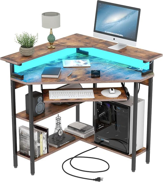 Auromie Corner Desk with Charging Station & LED Light, Triangle Corner Desk with Monitor Stand & Keyboard Tray for Small Space, Gaming Computer Desk with Storage Shelves for Home Office (Rustic)