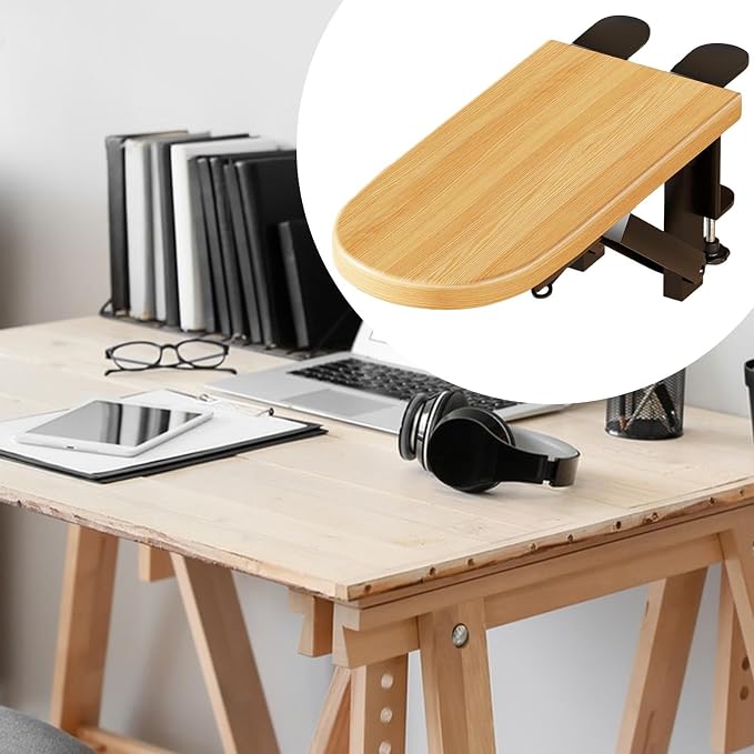 Desk Extension Tray Side Table Workstation Organizer Multifunctional Foldable Space Saving Table Arm Rest Clamp on Desk Shelf 12.4x5.7 inch- Wood 2 Clamp