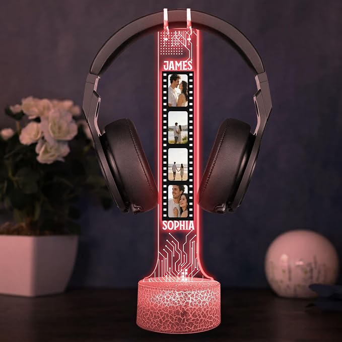 Custom Headphone RGB Light Headset Holder, Personalized Couple Photo Headphone Night Light, Gaming Room Decor, Gift for Boyfriend, Teen Gamer, Valentines Day Gift, Gifts for Couple