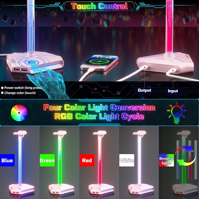 Pink RGB Headphone Stand with 2 USB Ports & Extension Cord, Gaming Headset Stand for Desktop Table, PC Gaming Accessories, Gifts for Girlfriend,Teen Boys Girls,Gaming Setup Organizer