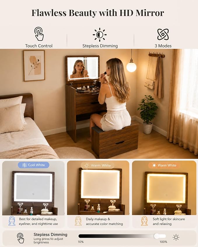 Small Vanity with Mirror and Lights for Small Space, 3-in-1 Compact Makeup Vanity Desk with Storage, Flip Top Vanity Table with Hidden Stool, 3 Color Mode, Drawers & Jewelry Organizer, Mini Vanity Set