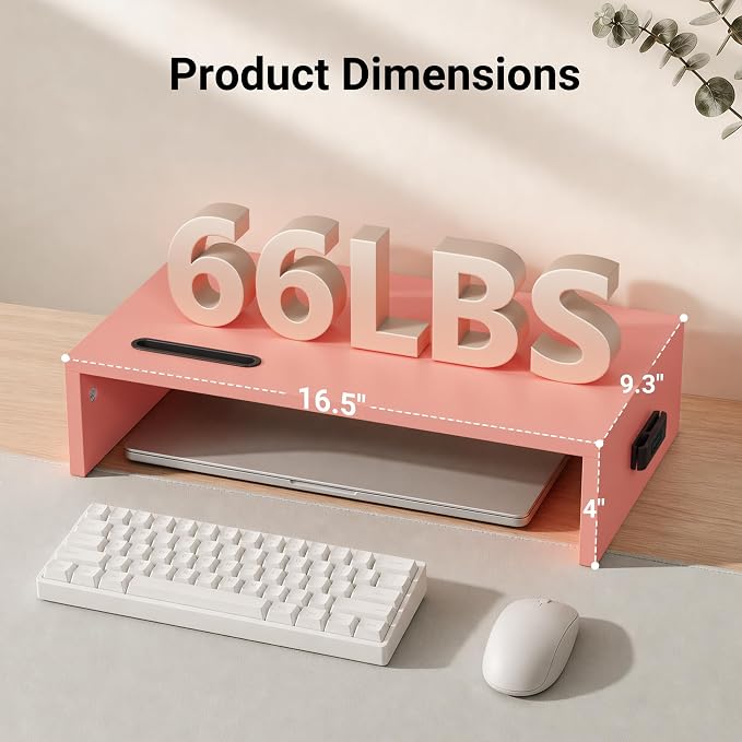 BONTEC Monitor Stand Riser with Cellphone Holder & Cable Management, 16.7 Inch Wood Monitor Riser Stand, Desktop Stand for PC/TV/Laptop/Printer, Pink