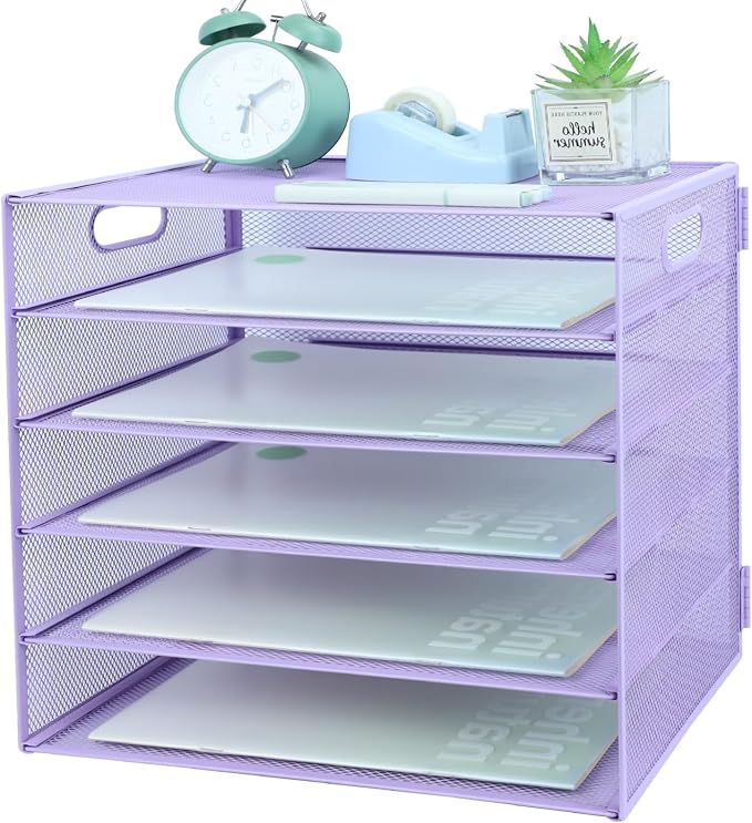 5 Tier Lettrer Tray Organizer, Metal Mesh Desk File Organizer with Sliding Trays, Paper Sorter Desk Organizer for Home Office School, Purple