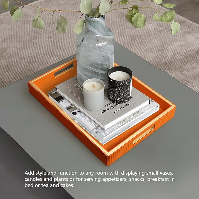 SANZIE Leather Tray Desktop Storage Organizer Premium Serving Trays Decorative Tray Valet Tray for Sundries Cosmetics Phone Wallet Cutlery (Orange Holder)