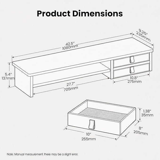 Dual Monitor Stand, 42.5 Inch Wood Monitor Riser with Drawers, 2 Tier Desktop Organizer for Computer Laptop TV, Large Screen Stand for Home Office Desk