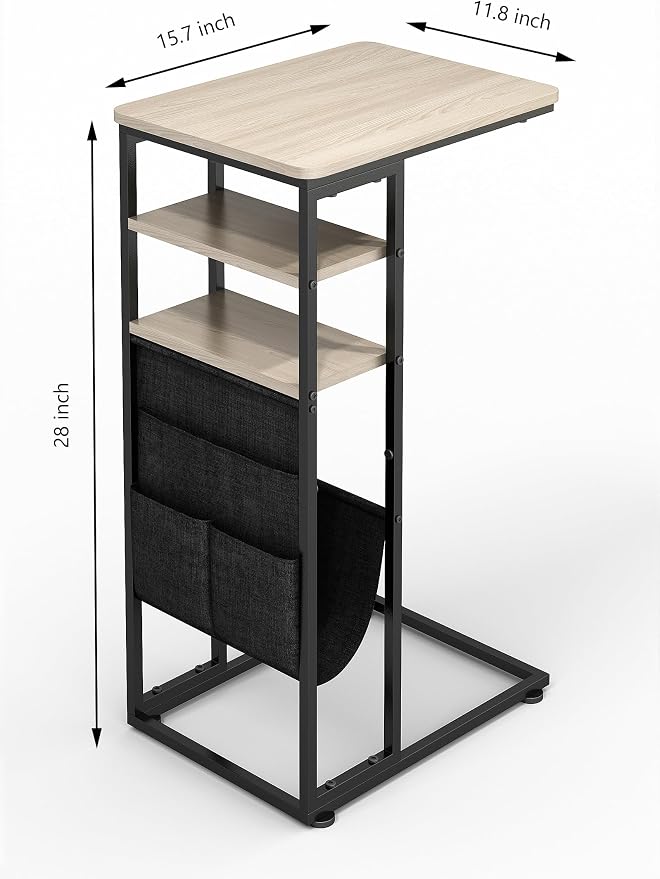 C Shaped End Table 28"(H) 3-Tier C Table with Storage Bag, Under Couch Table C-Shaped End Table with Storage Shelves and Bag for Living Room, Bedroom, or Office