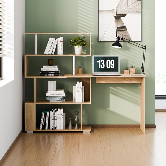 Mondeer L Shaped Computer Desk, Corner Desk, 360 Degree Rotatable, Space Saving Table with Spacious Storage for Home Office Workstation Study, 157 x 45 x 130.5 cm, Oak