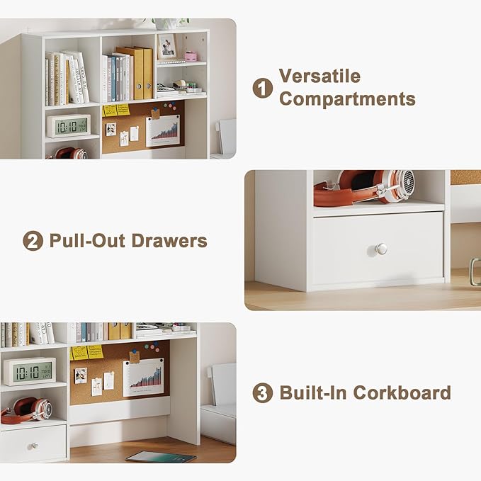 White Desk Hutch with Cork Board for Photos and Reminders, Dorm Desk Hutch with Drawers and Shelves, Desktop Bookshelf for College Dorm, Student Bedroom, Compact Study Spaces