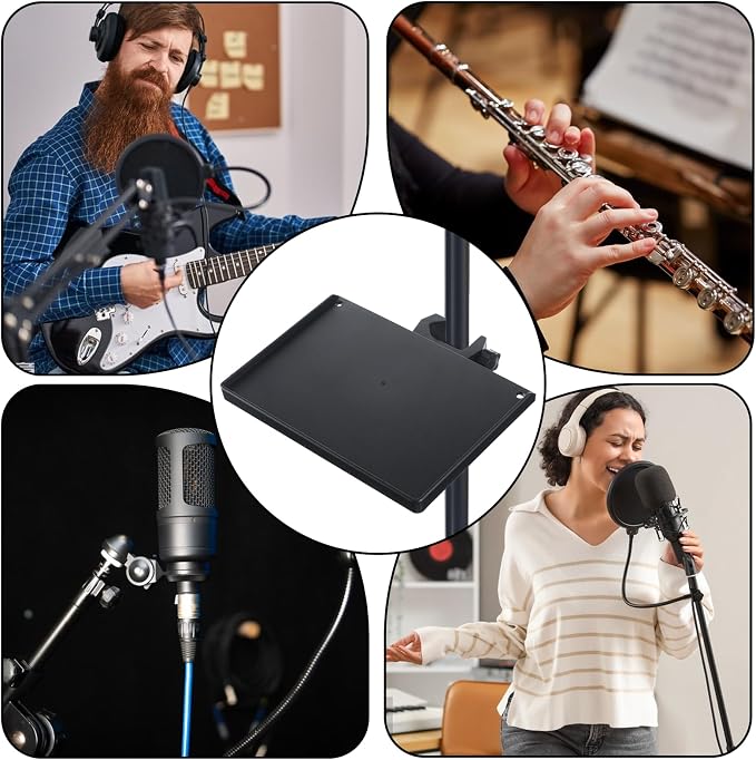 Microphone Stand Tray, Plastic Clamp on Firm Rack Tray Holder, Adjustable Mic Stand Desk Shelf with 4 Pound Capacity for Stage, Music Sheet, Recording, Live Streaming, Karaoke, Podcast (7.9" × 5.5")