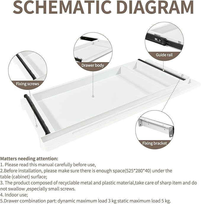 Under Desk Mounted Sliding Drawer to pull out, Attachable Desk Pencil Drawer Ball-Bearing Slides