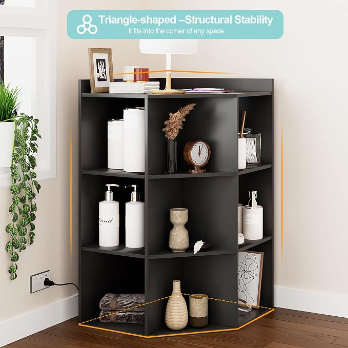 HedoAjim Corner Cabinet, Corner Storage Shelf with USB Ports and Outlets Industrial Organizer for Small Space Wooden 9-Cubby Bookshelf for Study, Playroom, Living Room (Black)