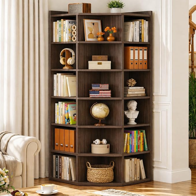 Aheaplus 7-Tier Wooden Corner Cube Bookshelf, Corner Storage Cabinet with 18 Cubes, Corner Cube Organizer Display Shelf with Top Table, Modern L Shaped Cubby Bookcase for Home Office, Black Walnut