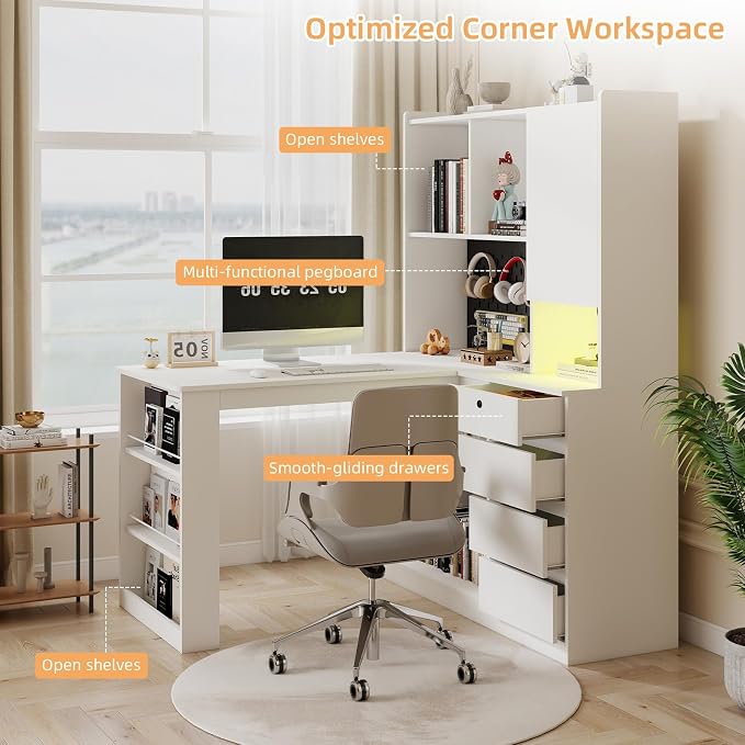 Zevemomo L Shaped Desk with Hutch and 4 Drawers, Computer Desk with USB Ports, Power Outlets & LED Light, Wood Corner Computer Desks with Storage Shelves for Home Office, White, Left Long