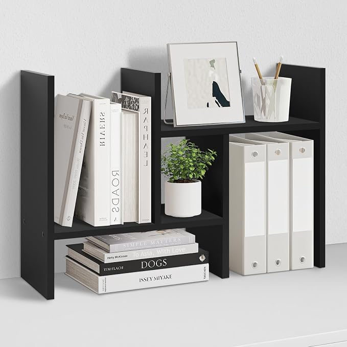 MASAKA B&W - Desk Organizer Aesthetic Shelf, Desktop Bookshelf, Double H Plants Display Shelf, Storage Rack Adjustable Stackable for Office Home Dorm - Perfect for Books, Plants & Decor (Black)