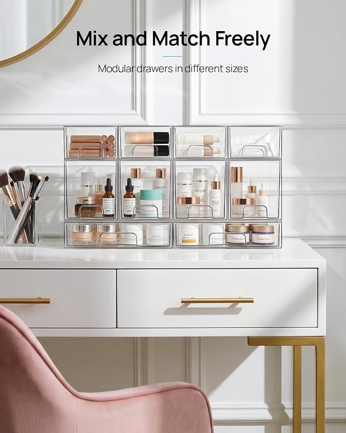 Vtopmart 8 Pack Small Clear Stackable Storage Drawers, Acrylic Bathroom Makeup Organizer, Plastic Storage Bins for Vanity, Undersink, Kitchen Cabinets, Pantry, Home Organization