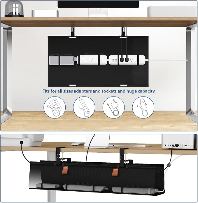 Zilink No Drill Under Desk Cable Management Tray 30" Cord Organizer for Table Clamp/Screw Mount Desk Cable Management Sturdy Waterproof Fabric Cord Hiders for Office, Home