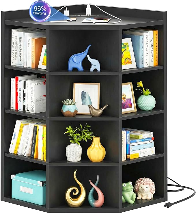Aheaplus 5-Tier Corner Cube Bookshelf with Power Outlets, Wooden Corner Storage Cabinet with 12 Cubes, Corner Cube Organizer Shelf with Top Table, L Shaped Cubby Bookcase for Home Office, Black