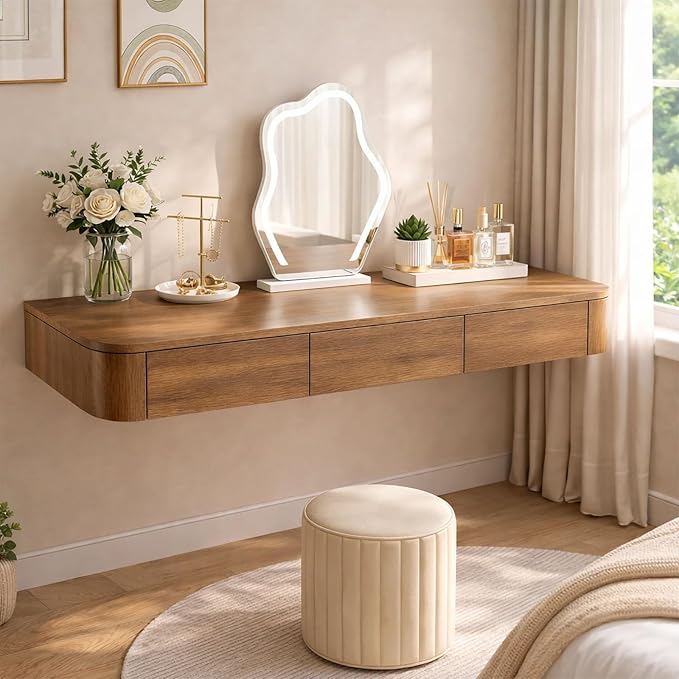 Floating Makeup Vanity Desk with Drawers Wall Mounted Makeup Table with Storage Fully Assembled Floating Vanity Desk Space Saving Modern Dressing Table for Bedroom Closet(Walnut,63")