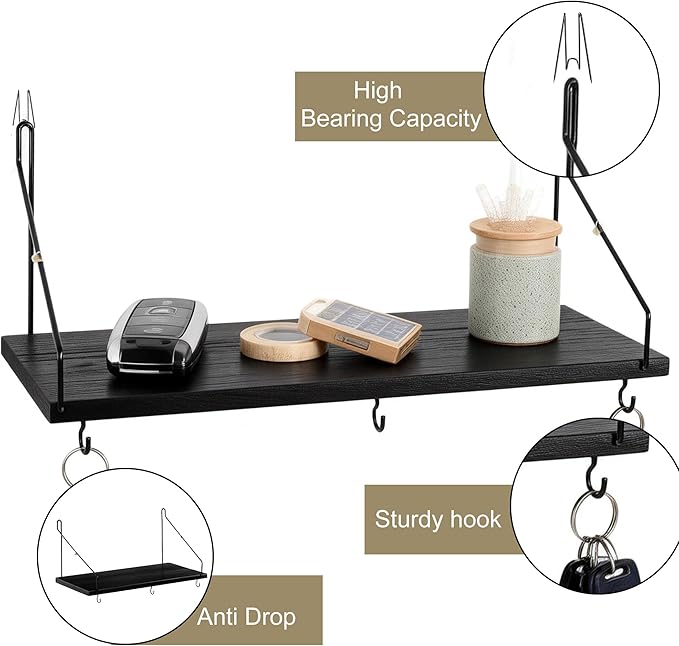 2 Pack Black Cubicle Shelf With Hooks For Fabric Walls, 12'' Wooden Office Cubicle Accessories for Work, Floating Wall Shelf for Decor, Hanging Organizer for Cubicle Wall Storage & Office Decorations