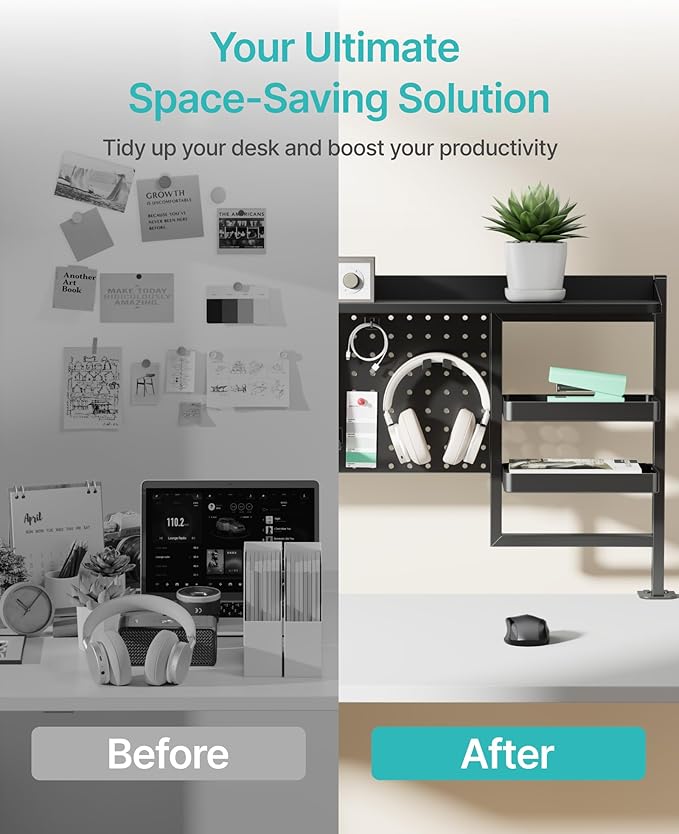 PEGZONE Clamp on Desk Shelf, 44" Desktop Shelving System, Black | with Pegboard and Accessories, Desktop Organizer with 2-Tier Shelf, Desk Pegboard for Office Home Gaming