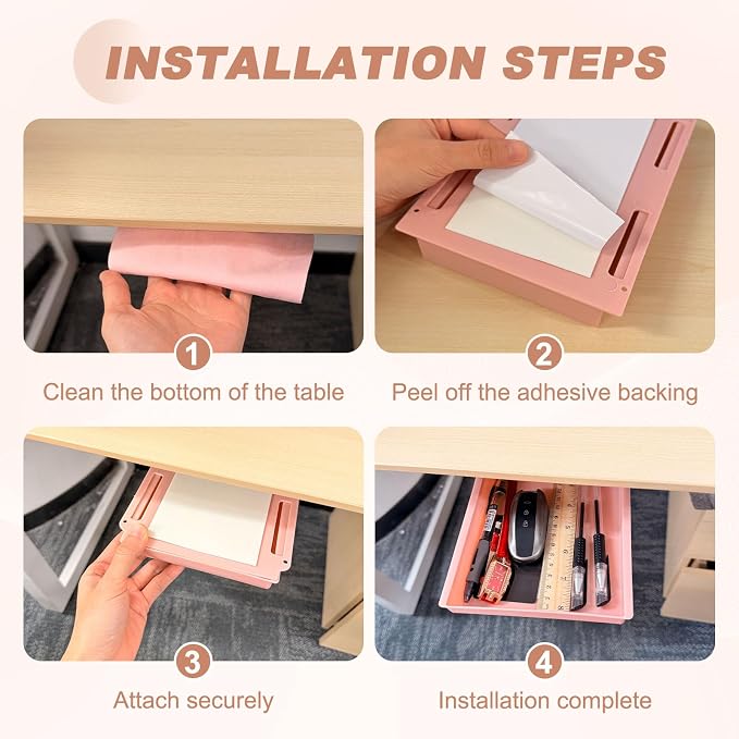 PATIKIL 2 Pack Under Desk Drawer Slide Out, 8.66 x 6.1/4.3" Plastic Table Storage Drawers Slide Out Storage Box for Laptop Study Desks Dining Dressing Tables Wardrobes Cabinets, Pink