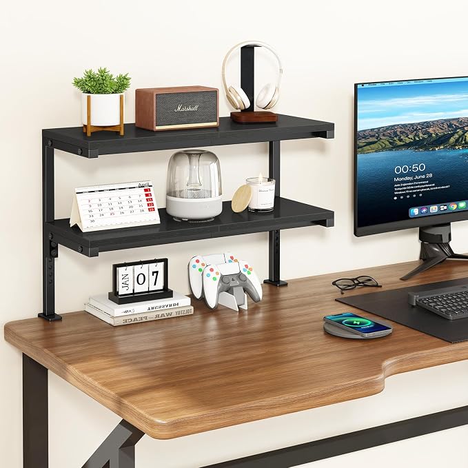 IBUYKE Clamp on Desk Shelf, 22.8” Large Desk Extender Shelves,Tool-Free Flexible Repositioning and Adjustable 2-Tier Storage Shelves for Desktop Accessories Below Desk TMZ010B