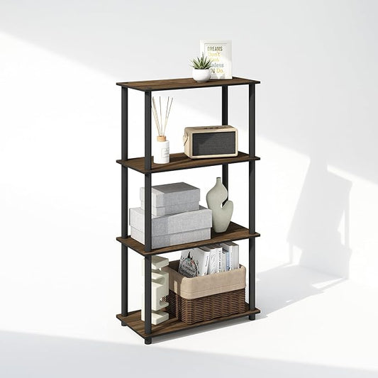Furinno Turn-N-Tube Book Shelf, 4-Tier Bookshelf, Bookcase with Multipurpose Compact Display Rack, 11.6 x 23.6 x 43.2, for Living Room, Bedroom, Home Office, Columbia Walnut/Black