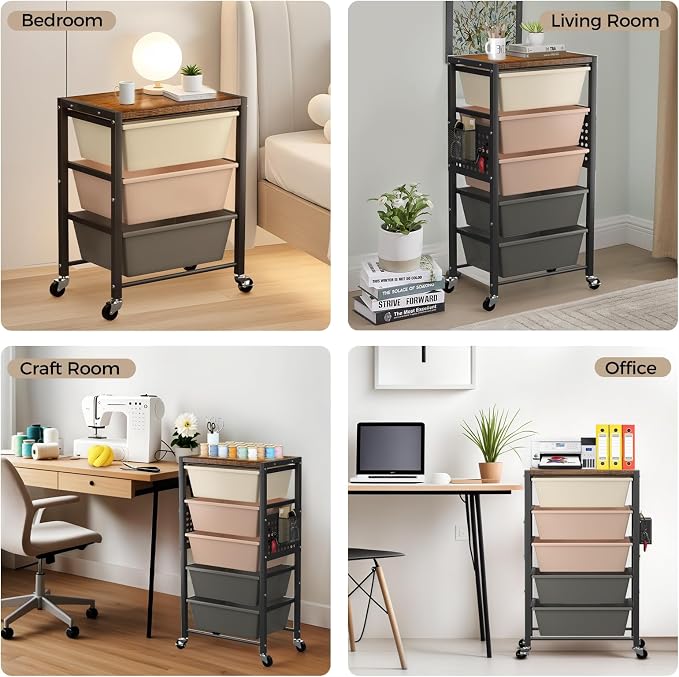 Rolling Cart with 3 Drawers, Plastic Drawer Storage Carts with Lockable Wheels & Wooden Tabletop, Metal Utility Cart Organizer, Office Bedroom Classroom Craft Organization and Storage, Dark Brown
