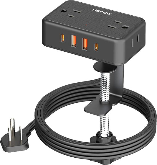 HOPOW Desk Clamp Power Strip, Desktop Mount Charging Station with 4 Outlets 4 USB Ports (2 USB C), 6Ft Under Desk Power Strip, Fits 2.75" Tabletop Edge, Extension Cord for Home Office, Black
