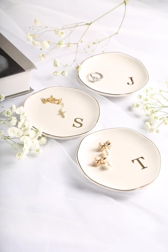 Ceramic Jewelry Tray Ring Dish Personalized K-Monogrammed Engagement Wedding Gifts, for Birthday Mother's Day for Women, Ceramic White 4.75" (K)