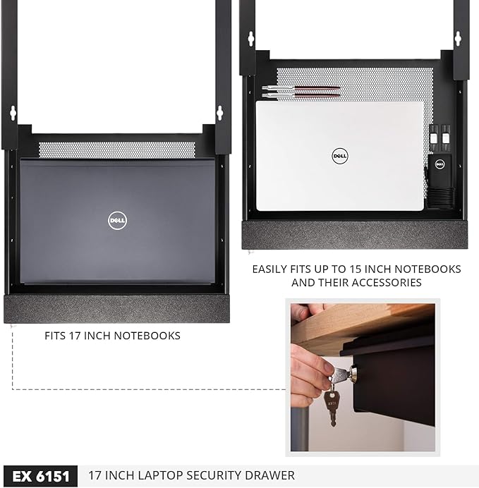 Penn Elcom Under Desk Laptop Drawer, Lockable, for 17” Laptops - Premium Sliding Security Drawers - Model EX-6151B