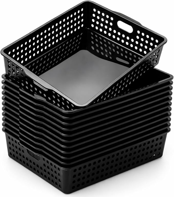 Geetery 12 Pack Classroom Storage Baskets with Handle 14''x10'' Paper Tray Holds A4 Turn in Trays Plastic Paper Baskets Desk Organizer Bin for Classroom, Library, Office, Home (Black)