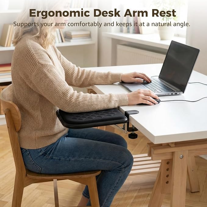 Ergonomic Arm Rest for Desk, 90° Folding Armrest Extension with Soft Memory Foam Pad, No-Drill Clamp Installation, Adjustable Elbow Support Computer Desk Extender for Home, Office