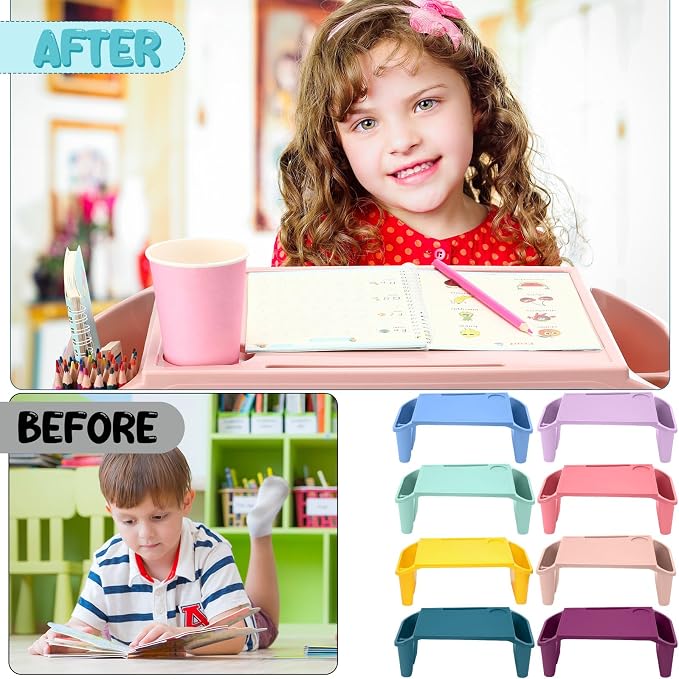Beeveer 8 Pcs Kids Lap Desk Tray Bulk 19.7x9.6x7.1in Portable Lap Tray for Kids Plastic Table with Side Storage Space for Bed Classroom Laptop Children Car Activity Eating Floor (Cute Colors)