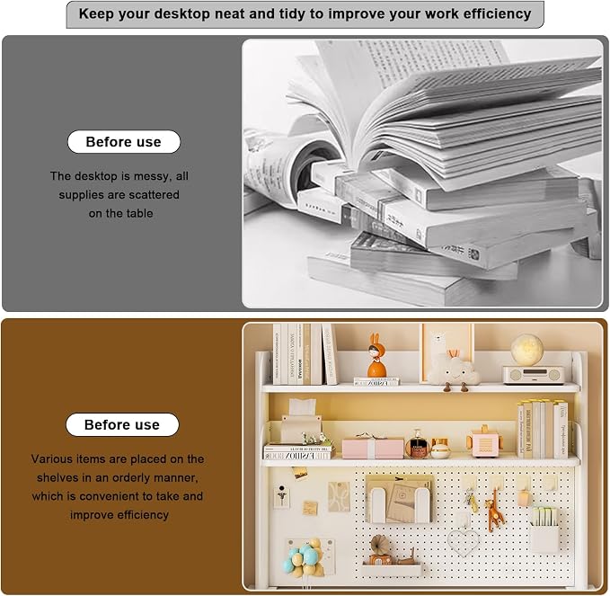 Clamp on Desk Shelf with Pegboard, Black Desktop Bookshelf Organizer Storage Shelves for Home Office Dorm Gaming Desk, Space Saving Tabletop Display Rack Organization (White, 39.3in)