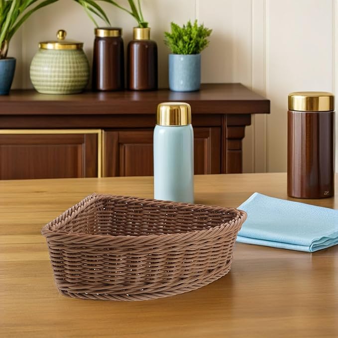 BETOOKY 2pcs Small Corner Basket - Mini Imitation Rattan 10 Inch Triangle Organizer For Closets And Side Tables - Plastic Rattan Laundry Basket For Daily Home Decor