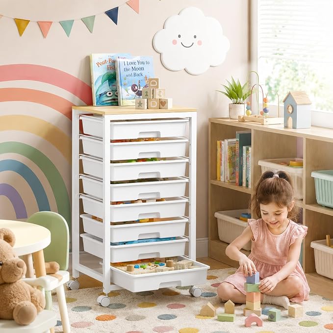 SYKIARIOL Rolling Cart with Drawers,8 Drawer Rolling Cart,Rolling Drawer Cart,Rolling Storage Drawer Cart,White Rolling Cart,Utility Cart with Drawers and Wooden Tabletop