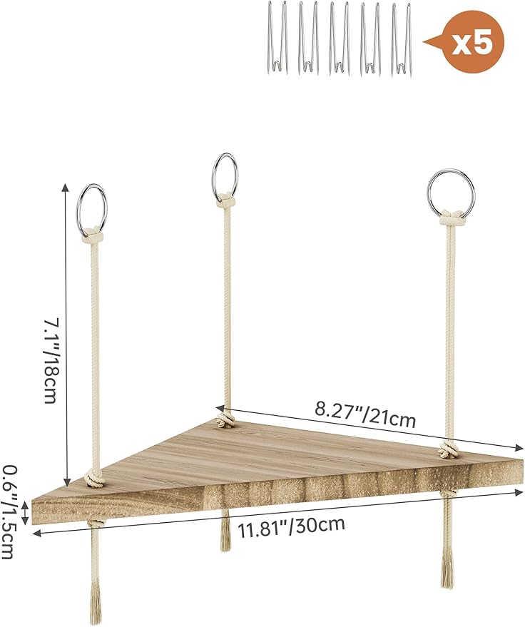 NiHome Fabric Cubicle Corner Shelf, Solid Wood Hanging Shelf with Cotton Rope, Tool-Free Metal Hook Installation for Office Cubicle Walls, Space-Saving Corner Storage Display Shelves (1 Pack)